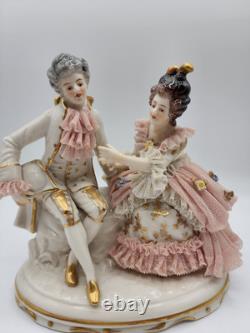 Rare Antique Dresden Lace Franz Witter Figurine Couple Pink 7x 7 OUTSTANDING