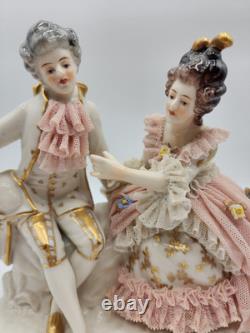 Rare Antique Dresden Lace Franz Witter Figurine Couple Pink 7x 7 OUTSTANDING