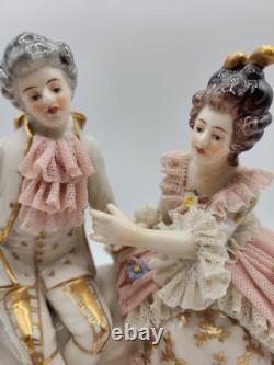 Rare Antique Dresden Lace Franz Witter Figurine Couple Pink 7x 7 OUTSTANDING