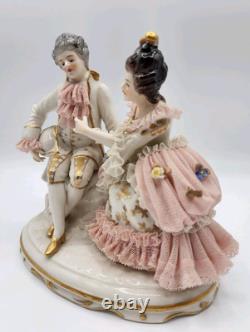 Rare Antique Dresden Lace Franz Witter Figurine Couple Pink 7x 7 OUTSTANDING