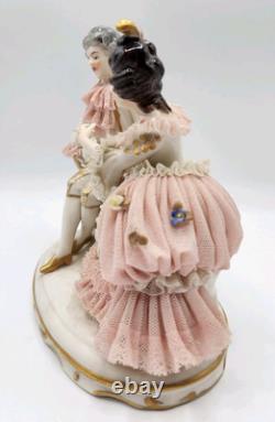 Rare Antique Dresden Lace Franz Witter Figurine Couple Pink 7x 7 OUTSTANDING