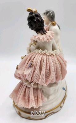 Rare Antique Dresden Lace Franz Witter Figurine Couple Pink 7x 7 OUTSTANDING