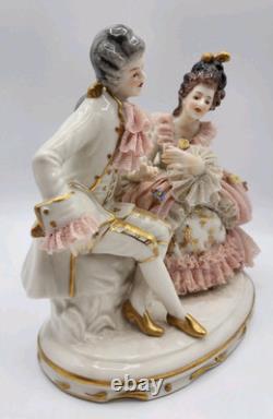 Rare Antique Dresden Lace Franz Witter Figurine Couple Pink 7x 7 OUTSTANDING