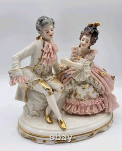 Rare Antique Dresden Lace Franz Witter Figurine Couple Pink 7x 7 OUTSTANDING