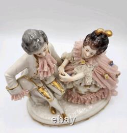 Rare Antique Dresden Lace Franz Witter Figurine Couple Pink 7x 7 OUTSTANDING