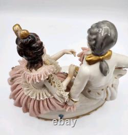 Rare Antique Dresden Lace Franz Witter Figurine Couple Pink 7x 7 OUTSTANDING