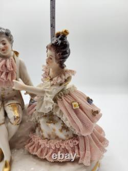 Rare Antique Dresden Lace Franz Witter Figurine Couple Pink 7x 7 OUTSTANDING