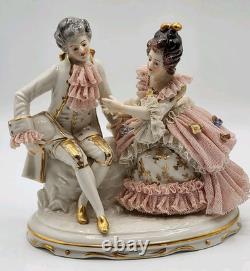 Rare Antique Dresden Lace Franz Witter Figurine Couple Pink 7x 7 OUTSTANDING