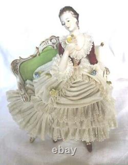 Rare Antique Dresden Lace Franz Witter Figurine Lady On Sofa 7×8 OUTSTANDING