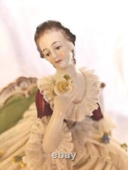 Rare Antique Dresden Lace Franz Witter Figurine Lady On Sofa 7×8 OUTSTANDING