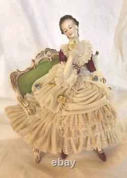 Rare Antique Dresden Lace Franz Witter Figurine Lady On Sofa 7×8 OUTSTANDING