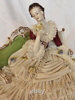 Rare Antique Dresden Lace Franz Witter Figurine Lady On Sofa 7×8 OUTSTANDING