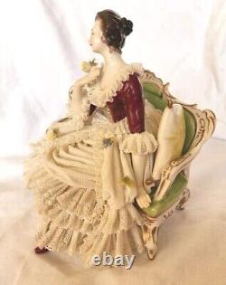 Rare Antique Dresden Lace Franz Witter Figurine Lady On Sofa 7×8 OUTSTANDING