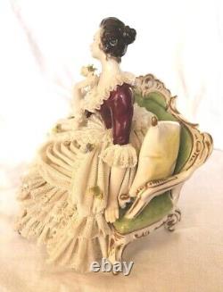 Rare Antique Dresden Lace Franz Witter Figurine Lady On Sofa 7×8 OUTSTANDING