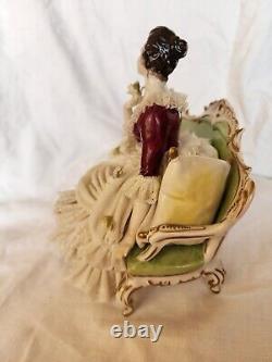 Rare Antique Dresden Lace Franz Witter Figurine Lady On Sofa 7×8 OUTSTANDING