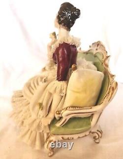 Rare Antique Dresden Lace Franz Witter Figurine Lady On Sofa 7×8 OUTSTANDING