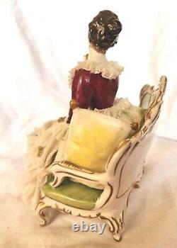 Rare Antique Dresden Lace Franz Witter Figurine Lady On Sofa 7×8 OUTSTANDING