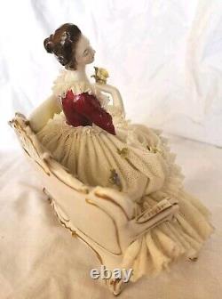 Rare Antique Dresden Lace Franz Witter Figurine Lady On Sofa 7×8 OUTSTANDING