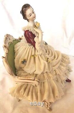 Rare Antique Dresden Lace Franz Witter Figurine Lady On Sofa 7×8 OUTSTANDING