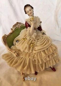 Rare Antique Dresden Lace Franz Witter Figurine Lady On Sofa 7×8 OUTSTANDING