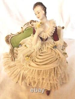 Rare Antique Dresden Lace Franz Witter Figurine Lady On Sofa 7×8 OUTSTANDING