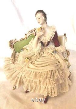 Rare Antique Dresden Lace Franz Witter Figurine Lady On Sofa 7×8 OUTSTANDING