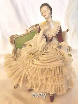 Rare Antique Dresden Lace Franz Witter Figurine Lady On Sofa 7×8 OUTSTANDING