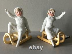 Rare Antique Heubach German Porcelain Snow Baby Pair On Sleigh