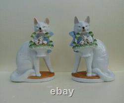 Rare Antique Pair Porcelain Mirrored Cats Germany Baskets Birds Figurines