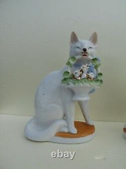 Rare Antique Pair Porcelain Mirrored Cats Germany Baskets Birds Figurines