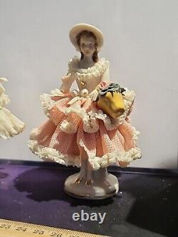 Rare Vintage Dresden Lace Figurine with a Basket of Roses, Germany Porcelain Lot