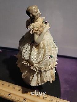 Rare Vintage Dresden Lace Figurine with a Basket of Roses, Germany Porcelain Lot