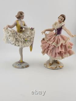 Set Of 2 Volkstedt Germany Dresden Lace Small Ballerina Pink Porcelain Figurines