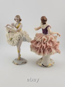 Set Of 2 Volkstedt Germany Dresden Lace Small Ballerina Pink Porcelain Figurines