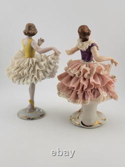 Set Of 2 Volkstedt Germany Dresden Lace Small Ballerina Pink Porcelain Figurines