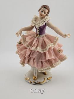 Set Of 2 Volkstedt Germany Dresden Lace Small Ballerina Pink Porcelain Figurines