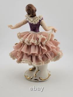 Set Of 2 Volkstedt Germany Dresden Lace Small Ballerina Pink Porcelain Figurines