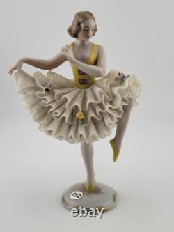 Set Of 2 Volkstedt Germany Dresden Lace Small Ballerina Pink Porcelain Figurines