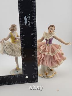 Set Of 2 Volkstedt Germany Dresden Lace Small Ballerina Pink Porcelain Figurines