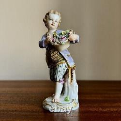 Sweet Antique Meissen Porcelain Figurine Boy with Basket of Flowers As Is 19th C