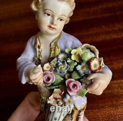 Sweet Antique Meissen Porcelain Figurine Boy with Basket of Flowers As Is 19th C