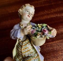 Sweet Antique Meissen Porcelain Figurine Boy with Basket of Flowers As Is 19th C