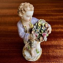 Sweet Antique Meissen Porcelain Figurine Boy with Basket of Flowers As Is 19th C