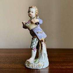 Sweet Antique Meissen Porcelain Figurine Boy with Basket of Flowers As Is 19th C