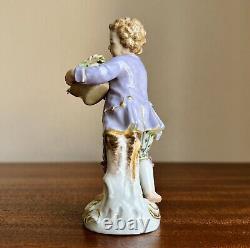 Sweet Antique Meissen Porcelain Figurine Boy with Basket of Flowers As Is 19th C