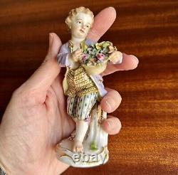 Sweet Antique Meissen Porcelain Figurine Boy with Basket of Flowers As Is 19th C