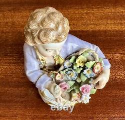 Sweet Antique Meissen Porcelain Figurine Boy with Basket of Flowers As Is 19th C