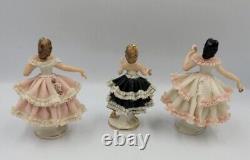 Three Vintage Antique Dresden Porcelain Lace Mini Figurine Ballerinas