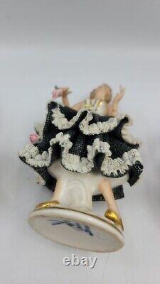 Three Vintage Antique Dresden Porcelain Lace Mini Figurine Ballerinas