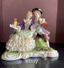 Unterweissbach German Dresden Lace Figurine Courting Couple Cockatoo Bird LARGE